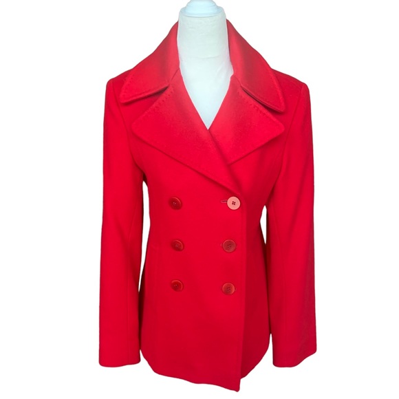 Fleurette Loro Piana Red Wool Double Breasted Pea Coat Womens Size 6 - Picture 3 of 14